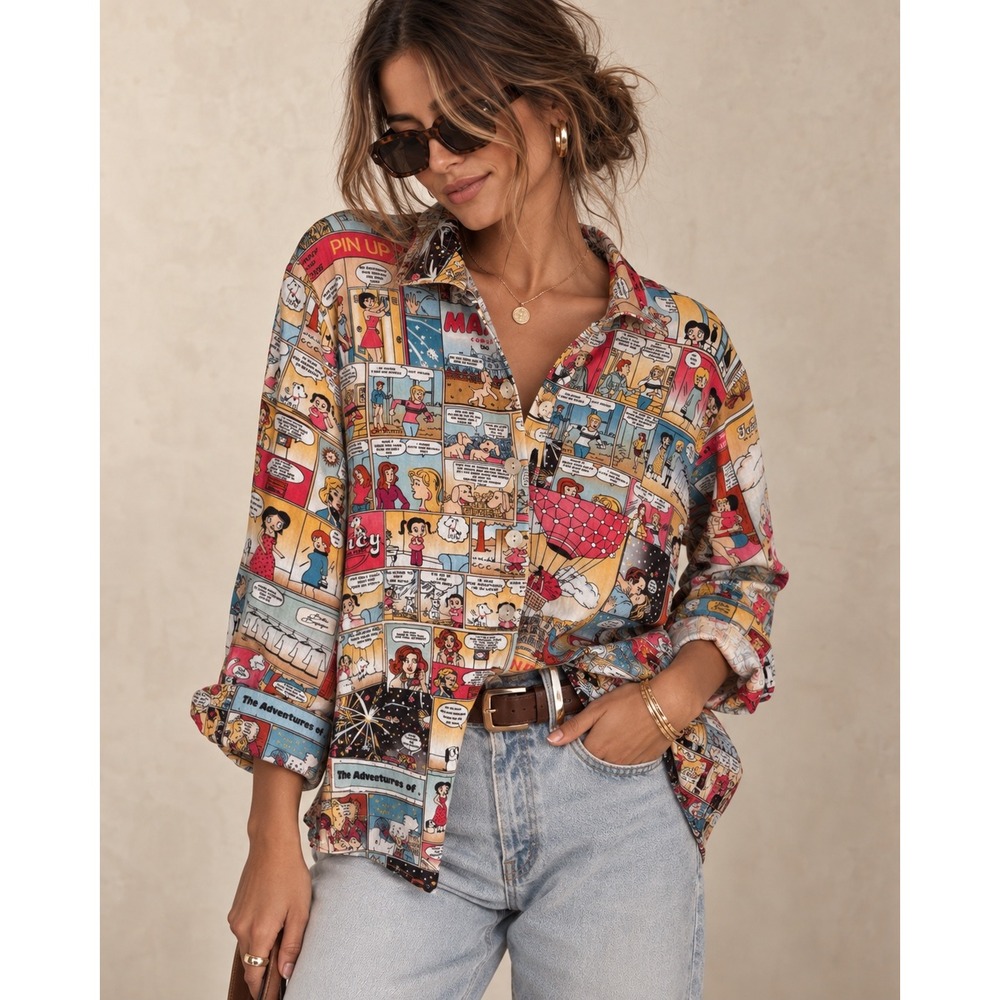 John Mark Womens Large Comic Book Print Button Down Shirt Back Zip Retro Graphic